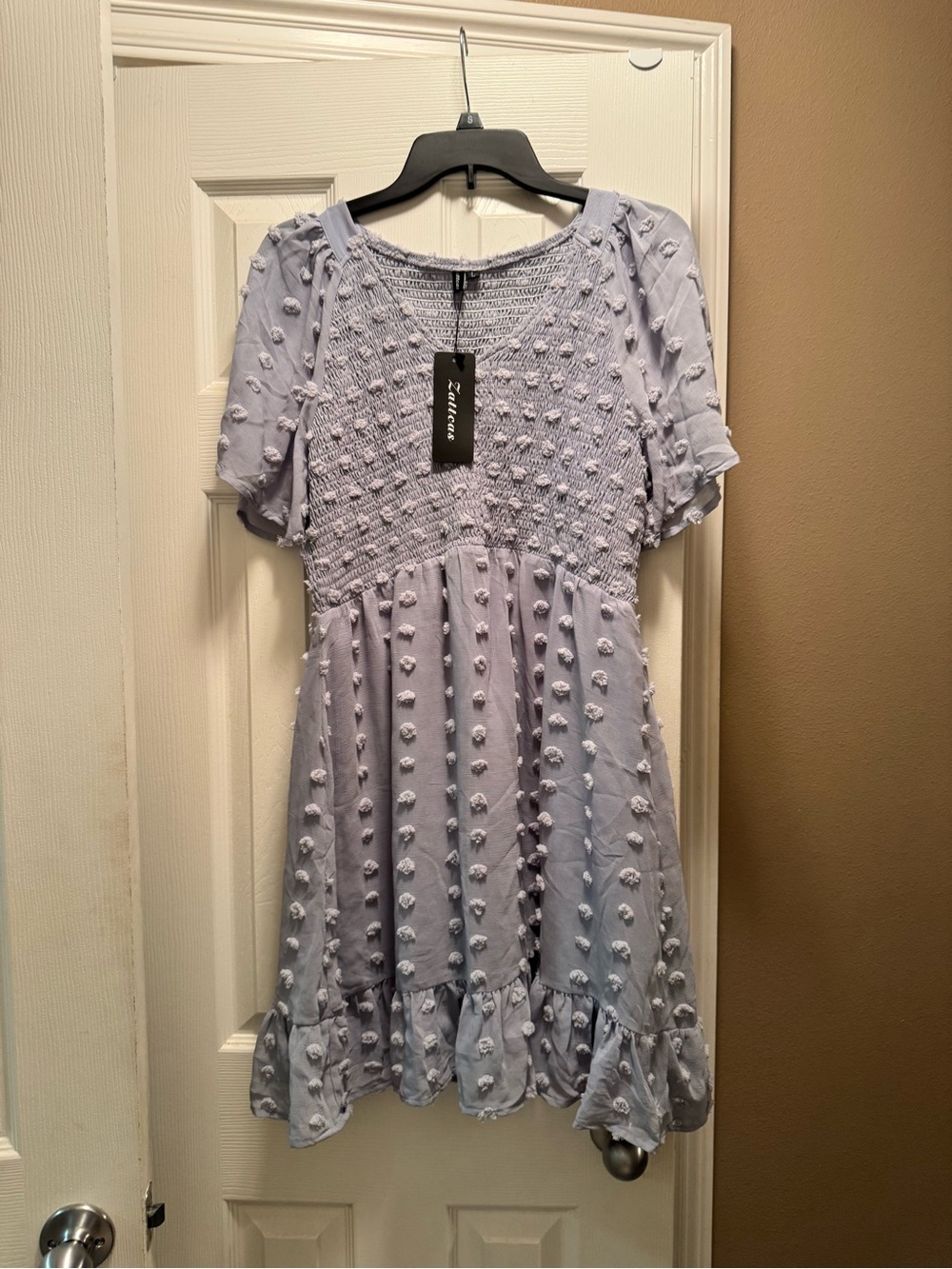 Light Lilac Pom-Pom Smocked Casual Dress